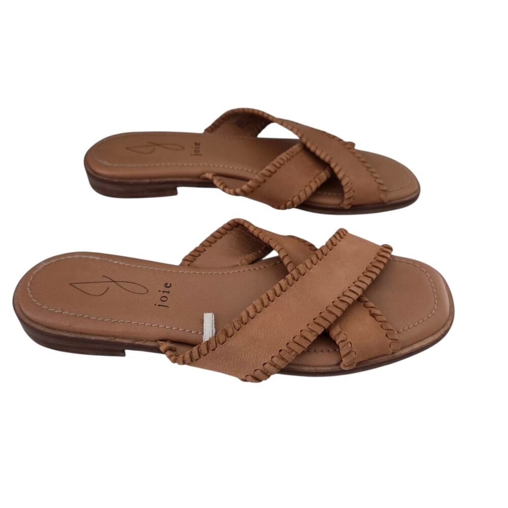 Joie Sz 7.5 Leather Slip On Slide Sandals Camel Brown Beach Boho Coastal Prep